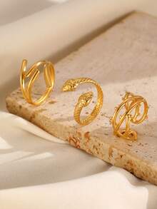 3pcs/Set Fashion New Striped Texture Leaf & Snake Decor 18K Gold Plated Stainless Steel Adjustable Open Ring Set, Casual Versatile Vintage Style Jewelry For Women, Suitable For Daily Wear