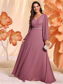 EVERPRETTY Elegant Spring Solid Color Lantern Sleeve V-Neck Rhinestone Decor Chiffon Bridesmaid Dresses, Long Sleeve Dress, Wedding Guest Gown Formal Dresses - Dusty Pink - View 2