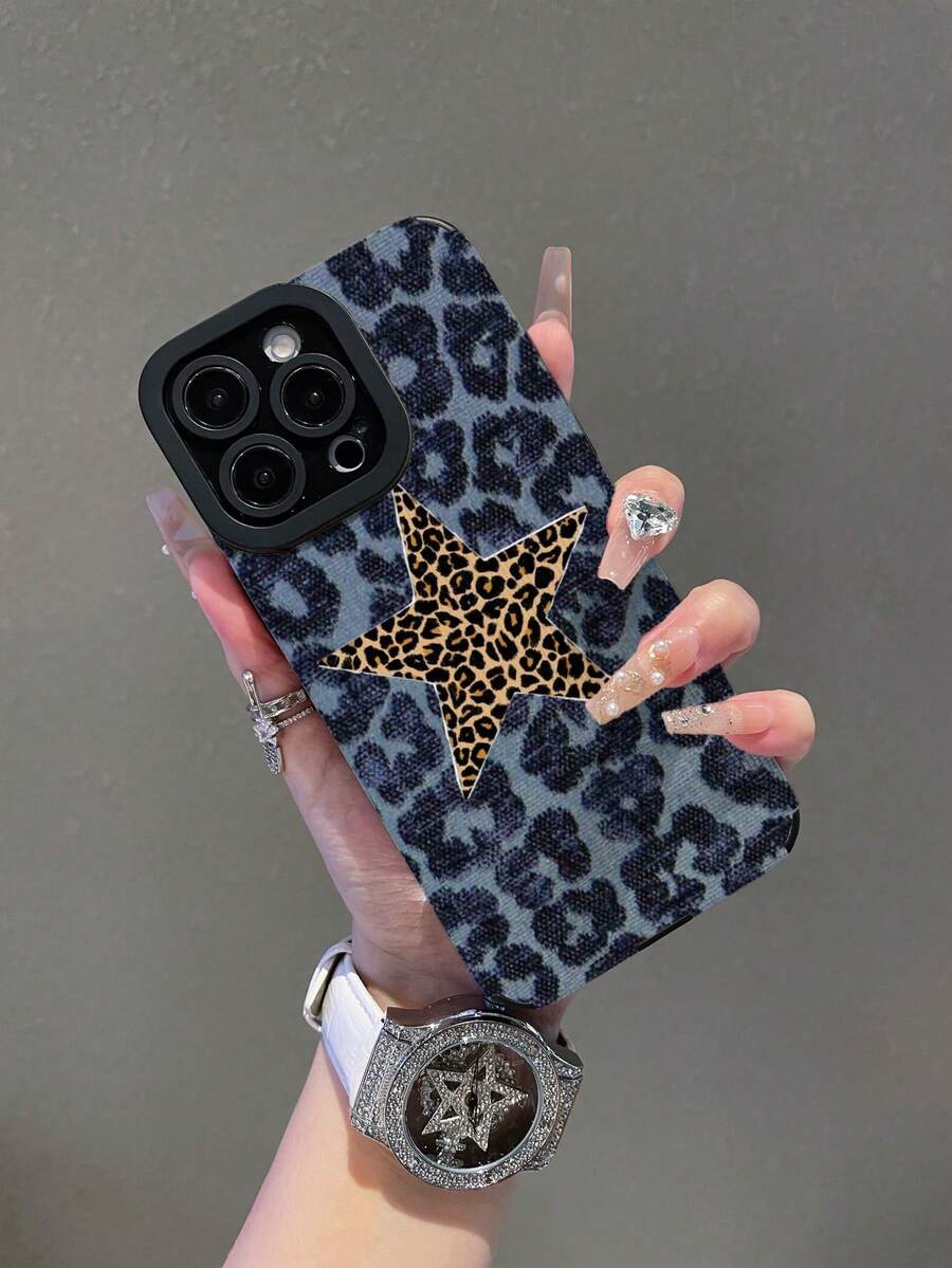 1pc Fashionable Leopard Print & Star Pattern PU Leather Phone Case Compatible With Apple - Multicolor - View 1