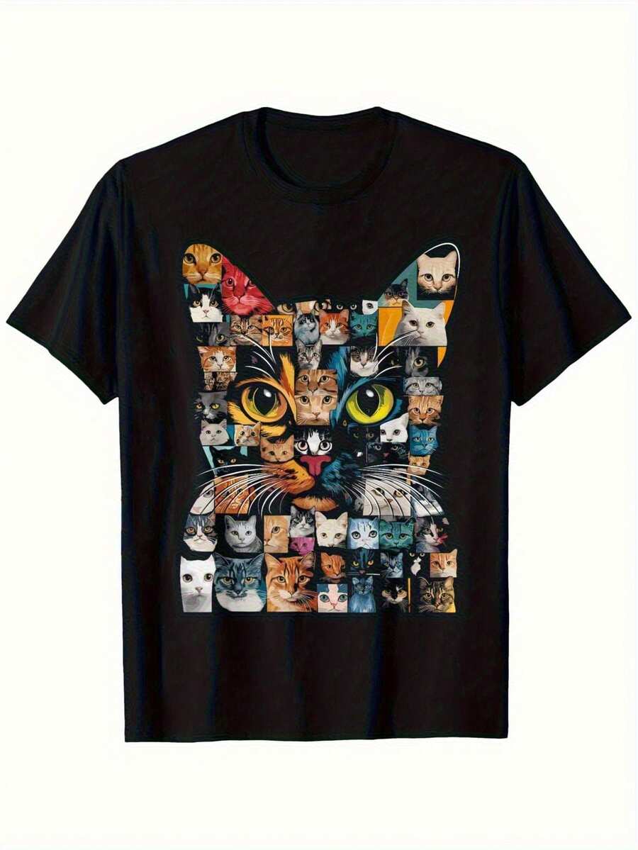 Katzenliebhaber Grafik-T-Shirt - Schweres 180g Baumwollshirt Mit Mehrfarbigen Katzen (Orange Tabby, Britisch Kurzhaar, Siam) - Unisex Relaxed Fit Für Männer & Frauen - Plus Size Bis 1XL - Perfektes Geschenk Für Tierbesitzer - Alltags-Lässig Streetwear, Katzen-T-Shirt, Retro-Streetstyle, Bequemes Material, Tier-Lover-Kleidung