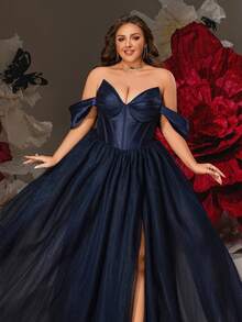 VIPGIRL Elegant Navy Blue Off-Shoulder Plus Size Sheer Maxi Dress, High Slit Design, Formal Ball Gown, Women's Formal Gown, Wedding Guest Dress, Luxury Long Dress, Glamorous Party Dress - Navy Blue - View 7