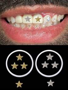 3 peças/caixa de joias de dente de metal com pedras preciosas em forma de estrela, joias de dente hip hop para homens (ouro/prata)