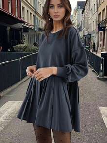 女士秋冬圆领套头长袖运动连衣裙褶皱拼接运动衫连衣裙 - 藏蓝色 - 查看 9