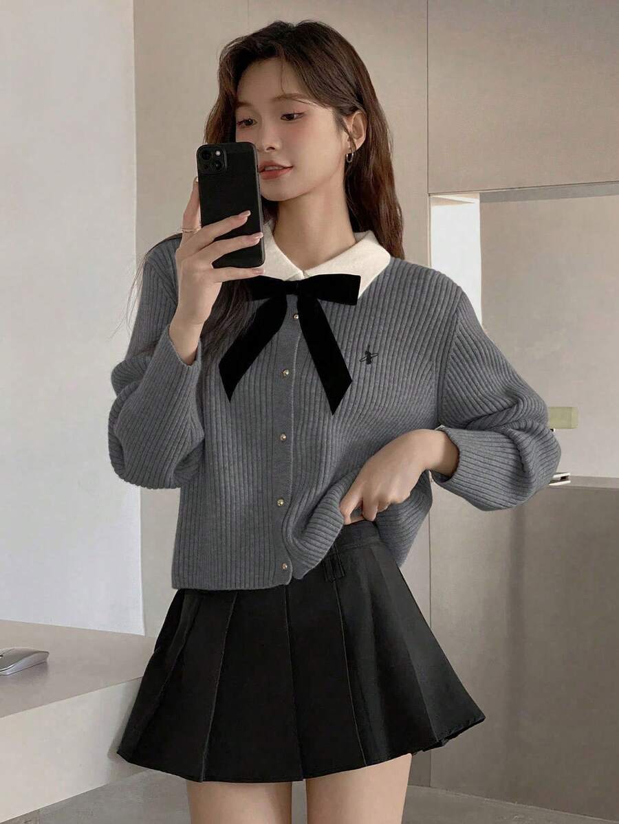 秋冬學院風拼色蝴蝶結領長袖刺繡女款開襟針織外套,街頭風 - 深灰色 - 查看 1