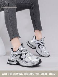 Flipark 1 双女式透气休闲厚底运动鞋，系带银色网眼轻便低帮日常运动鞋