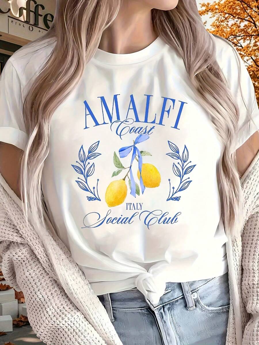 Women's  T-Shirt With Amalfi Coast Lemon Print And Italy Social Club Text - Perfect For Beach, Vacation, Or Casual Wear 220g - trắng - Xem 1