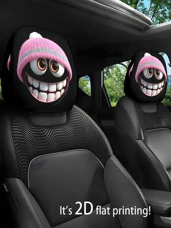 [Fun And Playful Pink Hat With Smiling Face And Big Eyes Print]1pc/2pcs Car Headrest Covers, Suitable For All Seasons, Easy To Clean And Fade-Resistant, Polyester Material, Universal Fit For Car Interior Decoration, Perfect Choice For Travel/Daily Commute, Halloween/Christmas/Thanksgiving