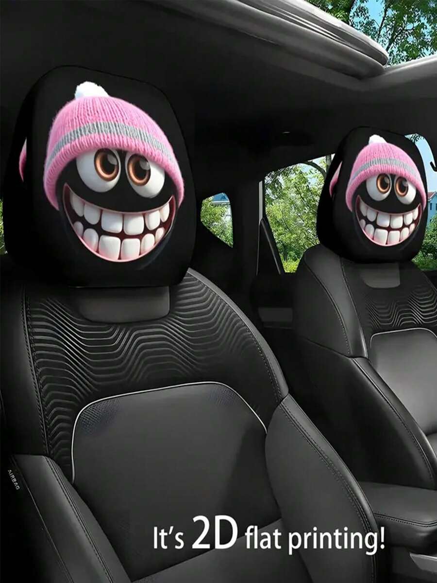 [Fun And Playful Pink Hat With Smiling Face And Big Eyes Print]1pc/2pcs Car Headrest Covers, Suitable For All Seasons, Easy To Clean And Fade-Resistant, Polyester Material, Universal Fit For Car Interior Decoration, Perfect Choice For Travel/Daily Commute, Halloween/Christmas/Thanksgiving