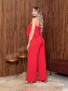 Long Asymmetrical Strapless Pantaloon Jumpsuit Spring Summer - Red - View 1
