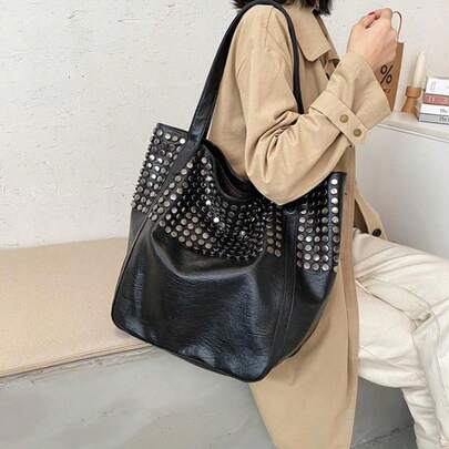 Bolso de hombro con purpurina Y2K con remaches negros, bolso de mano de estilo subcultura punk rock único, bolso de gran capacidad, adecuado para oficina, profesional, uso diario, bolso negro duradero, estilo retro