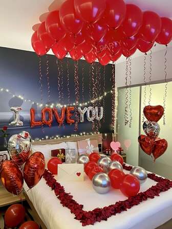 40 st/set romantiska rumsdekorationsballonger för alla hjärtans dag, 16" "Jag älskar dig" silver- och röda bokstävergirlangballonger, 18" röda och silverfärgade hjärtfolieballonger, 10" röda och metalliska silverlatexballonger, perfekt för frieri, förlovning, årsdag, fruns födelsedagsöverraskningsdekoration