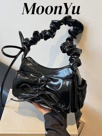 Plisserad Cloud Bow sadelväska för kvinnor, fashionabla eleganta söta axelväska, svart