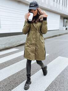 Women's Winter Parka With A Soft Teddy Bear Pattern For Warmth, A Removable Hood With Faux Fur, And An Adjustable Waist With Practical Zip And Snap Fastenings. A Warm And Cozy Outerwear Perfect For Everyday Looks In Autumn And Winter. - Green - View 5