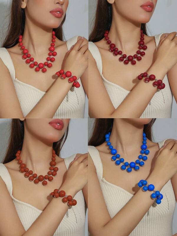 1 Set de 2 Collares y Pulseras de Cuentas Geométricas Redondas de Acrílico Estilo Bohemio, Hechos a Mano, Regalo para Mujeres, Uso Diario