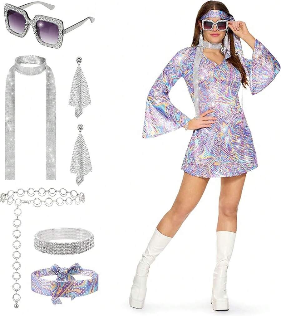70s Disco Costume For Women, Retro Halloween Party Dress With Accessories, 1970s Dance Outfit - 紫色 - 查看 1