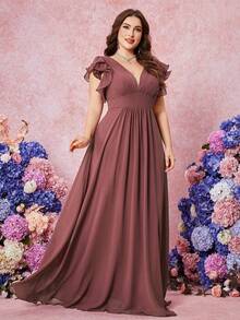 深V领露背荷叶边袖腰部褶饰伴娘礼服 - 紅木色 - 查看 5