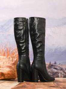 Plus Size Women's Fashion Knee-High Boots, High Heel Casual Zipper Boots For Autumn/Winter, Runway Show, Thick Heel Tall Boots, Black Boots