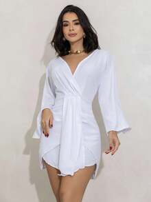 Women's Short Dress Long Sleeve Flare Duna Loose Sensual Neckline Foreign Fashion 2025 - trắng - Xem 1