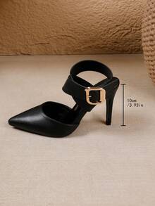 女士尖头细高跟露跟时尚香槟色/黑色/白色性感高跟鞋，带踝带，女士鞋 - 黑色 - 查看 6