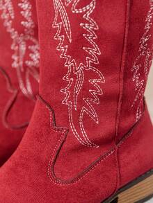 秋冬新款女士刺绣白色皮革西部靴，尖头粗跟中筒靴，户外休闲时尚靴，牛仔靴 - 酒紅色 - 查看 6