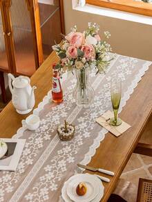 1pc New 48*250cm Floral Vine & Bow Lace Decorative Table Runner, Suitable For TV Stand, Furniture - White - View 5