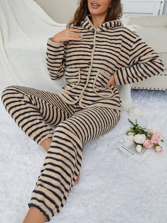 2pcs Women Striped Flannel Hooded Button Down Long Sleeve Top & Pants Leopard Print Pocket Fluffy Pajama Set, Warm & Thick, Ideal Gift For Winter, Cozy Clothes