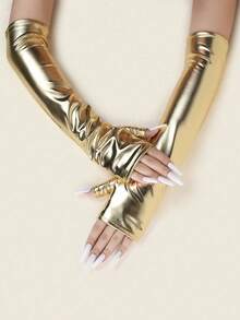 1 Pair Women's Halloween Faux Leather Sexy Fingerless Long Gloves, Punk Costume Party Formal Gloves