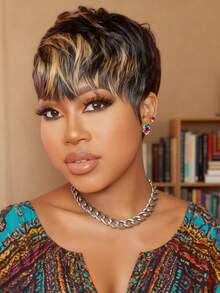 1B/27 短款精灵短发假发 真人发 无胶 巴西真人发假发 适合日常佩戴 适合所有季节的女士全机假发 - 間色 - 查看 4