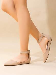 Women Flats Ankle Strap Pointed Toe 1-Inch Low Wedge Heel Flats Fashion Classic Dress Shoes For Wedding Daily Commute - 杏色 - 查看 2