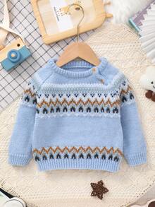 Infant Wave Pattern Solid Color Knit Pullover Sweater - Blue - View 1