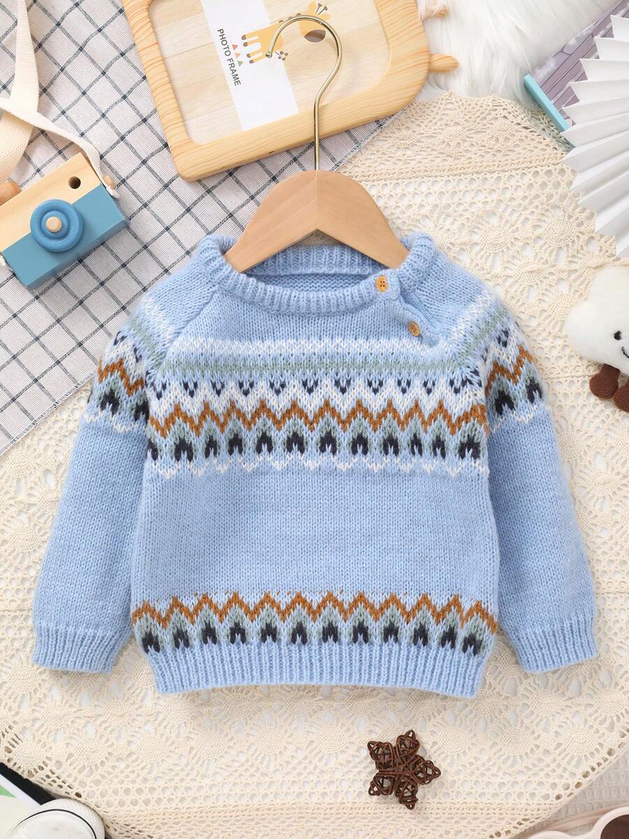 Infant Wave Pattern Solid Color Knit Pullover Sweater - Blue - View 1