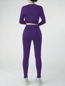 Set Pakaian Dalam Termal Wanita Warna Polos dengan Lapisan Bulu, Set Lapisan Dasar Ski dan Yoga Ketat untuk Musim Dingin - Purple - View 4