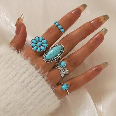 Set de 5 anillos de aleación de zinc con incrustaciones de turquesa falsa, diseños minimalistas vintage casuales de flores, plumas, florales y geométricos multicomponentes, adecuados para hombres, mujeres, parejas, uso diario y todas las estaciones