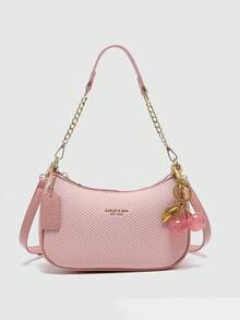 2025 New Fashion Classic Versatile Letter Graphic Design Solid Color PU Leather Crescent Shoulder/Underarm Bag, Y2K Shoulder/Underarm Bag, Suitable For Shopping, Can Be Worn Crossbody - Pink - View 7