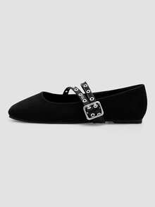 ADAMUMU Women's Fashion Square Toe Casual Party Office Round Buckle Decor Comfortable Flat Shoes - Black - View 5