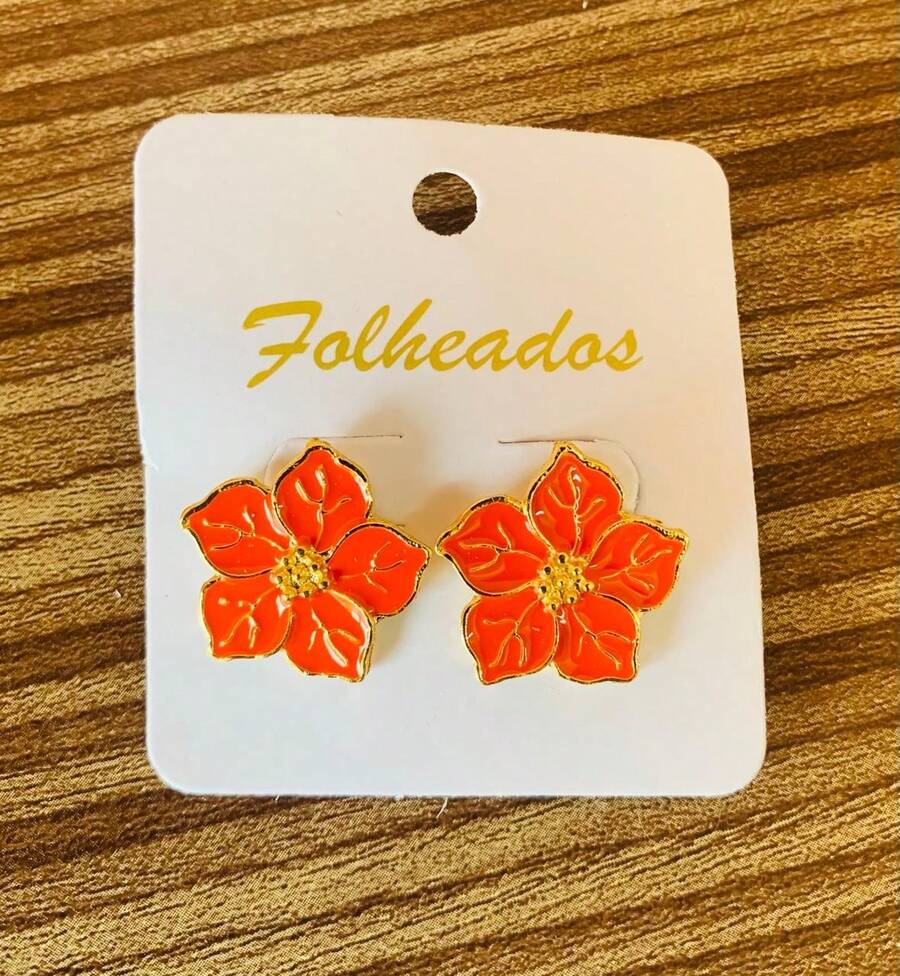 Enameled 5-Petal Flower Earring - Naranja - Ver 1