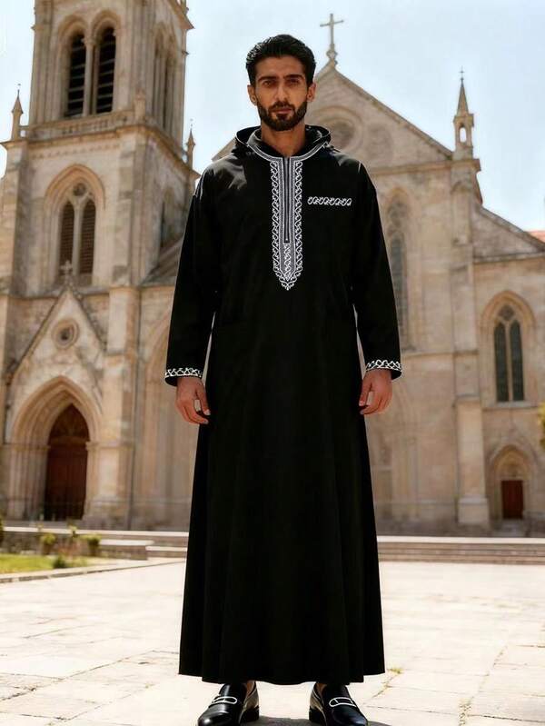 عبائة رجالية مطرزة طويلة الأكمام ذات قبعة بسحاب قطعة رداء فضفاضة قطنية ناعمة بارد للجميع الفصول، ثوب إسلامي