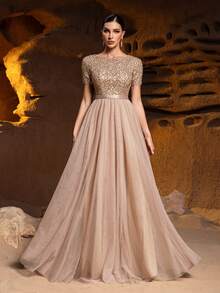 Faeriesty Women Elegant Elegant Formal Evening Gown With Sparkly Sequin Embellished Bodice & Contrast Layered Tulle Hem | A-Line Prom Wedding Party Dress,Summer Holiday Outfits