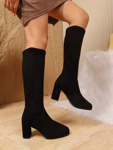 Nuevas botas elásticas de mujer para otoño/invierno 2025, botas de moda hasta la rodilla con puntera puntiaguda y tacón grueso de ante - Negro - Ver 4