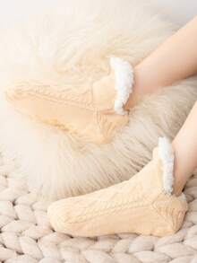 1 par de meias femininas quentes e grossas, meias de pelúcia da moda em cores sólidas, meias de pelúcia para uso interno em cores sólidas, adequadas para o chão da casa, uso casual, inverno