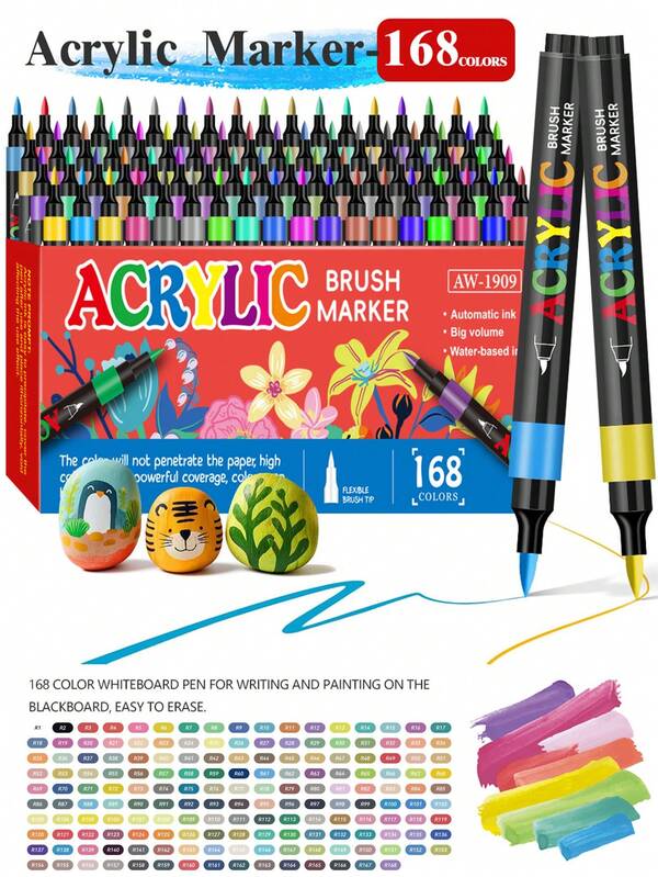 168 Colors Soft Tip Marker Pen Acrylic Paint Marker Set - Vibrant Opaque Liquid Ink Pens For Canvas, Denim, Rock, Ceramic, Wood And Glass, Fast Drying And Blendable Pigments | Artist, Beginner Craft Kit With Premium Case | High-Quality Art Supplies Great For Gifts