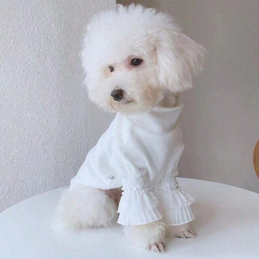 1pc Lace Long Sleeve Dog Undershirt (For Pet Wear Only), Spring/Autumn - White - View 1