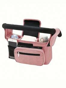 1pc Black Baby Stroller Hanging Storage Bag, Multi-Functional Diaper Caddy With Cup Holder, Detachable Phone Pouch And Shoulder Strap, Portable Design