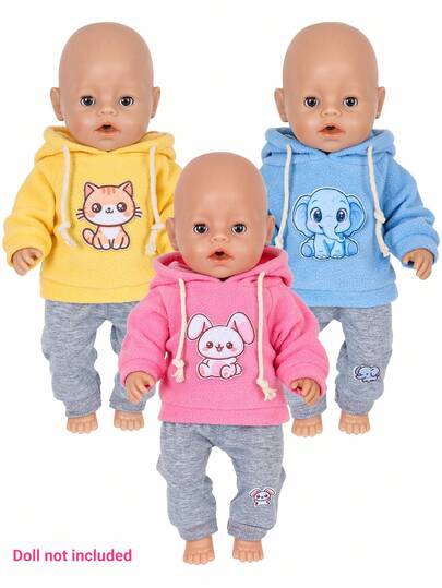 16-18 Inch Children's Realistic Doll Clothes Set, Detailed Cat, Rabbit, Elephant Pattern Animal Element Hooded Sweatshirt And Pants Outfit, Costume Play Toy, Suitable For Children 3+ Years Old, Great Birthday Or Holiday Gift (Doll Not Included)
