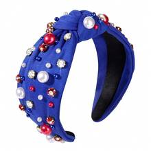 American Flag Headband USA Red White Blue Pearl Rhinestone Jeweled Knotted Hairband 4 Th Of July Patriotic Fashion Wide Top Knot Headband Summer Party Hair Accessories - 紅色白色藍色珍珠髮帶藍色 - 查看 2