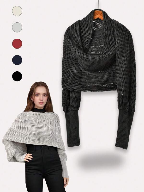 Xale feminino de tricô vazado em cor sólida, modelo cruzado com mangas, blusa xale quente, versátil e confortável, estilo minimalista, ideal para uso diário, passeios e viagens. Combina perfeitamente com vestidos longos.