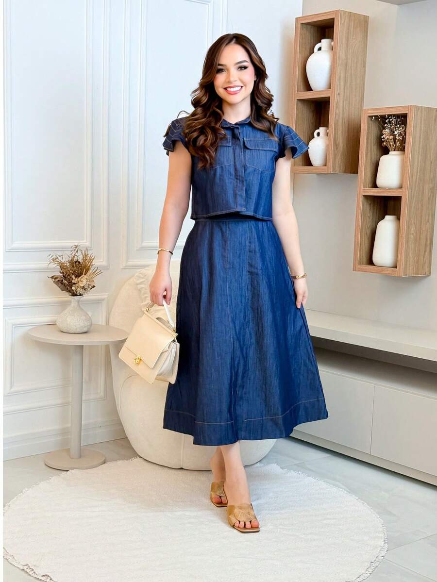 Women's Denim Set With Shirt Collar Cardigan And Midi Skirt With Front Slit. Sizes S To XL. Modern And Elegant. Modest Fashion. - 藍色 - 查看 1