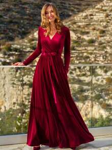 女士纯色圣诞优雅复古派对系带蝴蝶结丝绒连衣裙，秋冬季，适合节日、婚礼、正式晚宴、约会、生日派对、花园派对、拍照、情人节、新年等场合。 - 酒紅色 - 查看 11