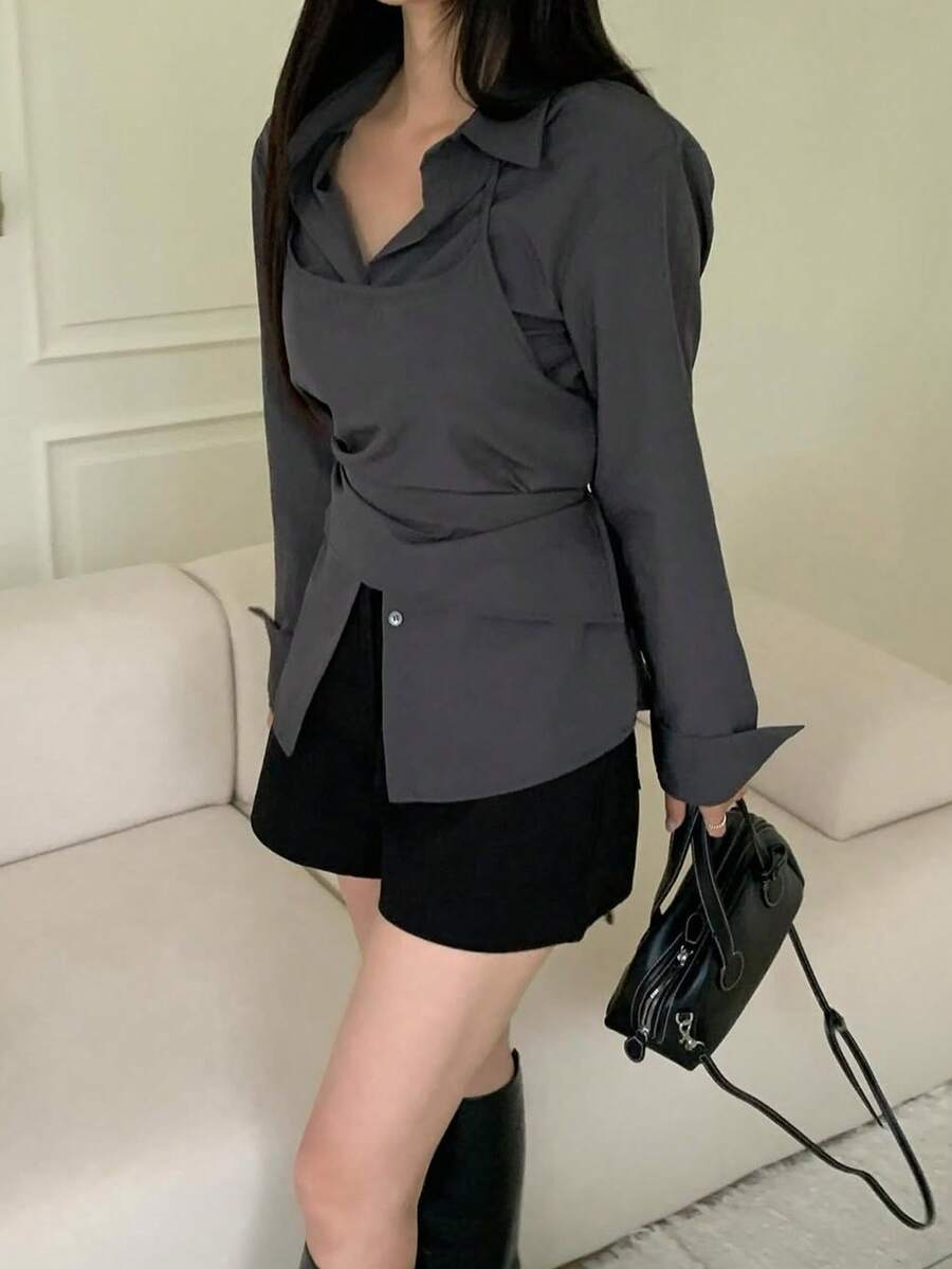 2pcs/Set Chic Design Early Spring Minimalist Long Sleeve Shirt Top + Halter Strap Camisole For Women - Grey - View 1