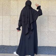 1 Set de Hiyab musulmán de doble capa elegante con buena privacidad, suave y cómodo + Vestido musulmán con diseño de manga elástica, Abaya clásica y versátil (Vestido + Hiyab)